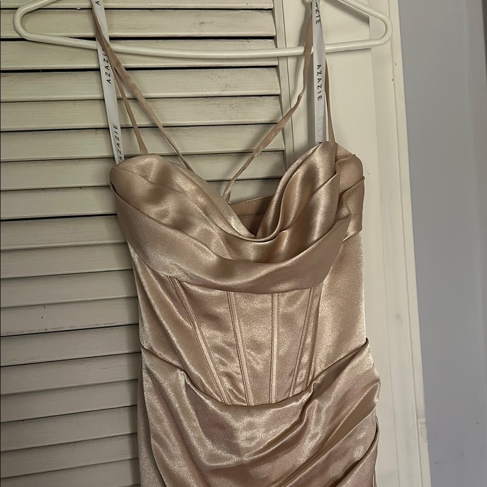 Azazie Brookelle dress in metallic gold with matching shawl.